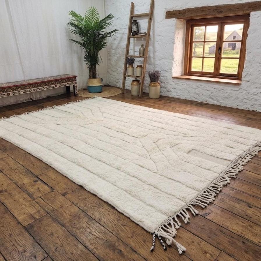 Stunning Beni Ourain Rug – Moroccan Handmade Wool Rug, White Striped Berber Rug, Handwoven Area Rug Artisan Made Area Rug