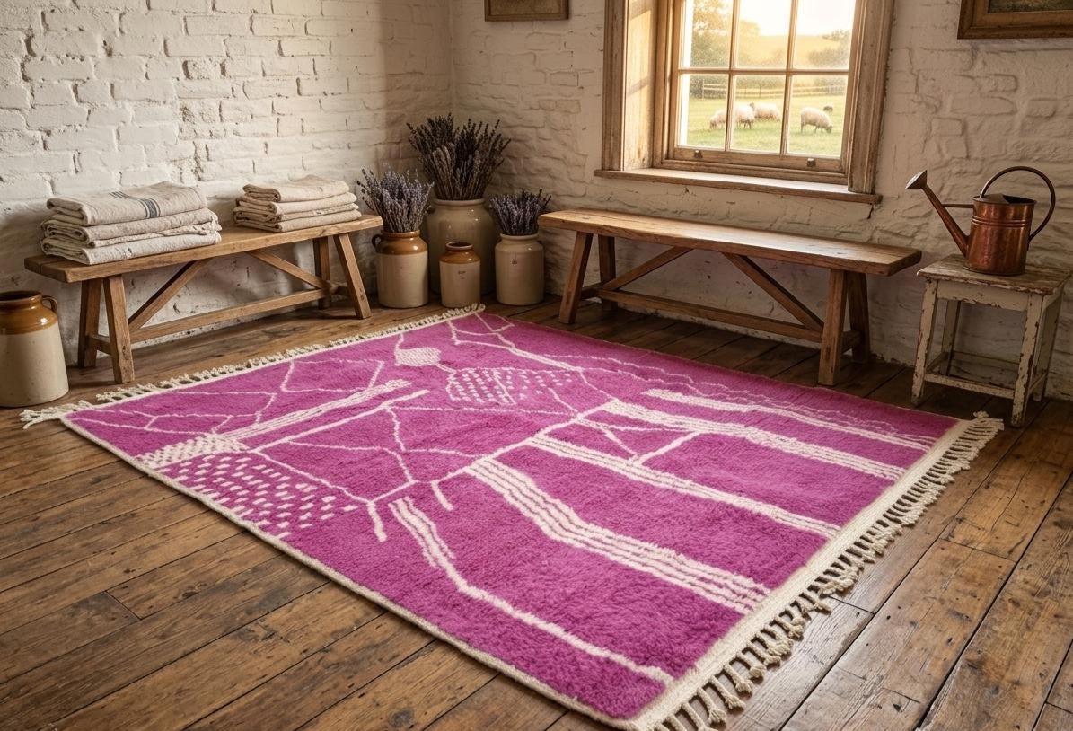 Tribal Nomad Rug– Beni Ourain Style Handmade Wool Berber Rug, Striped Modern Fluffy Area Rug Pink Color Rug