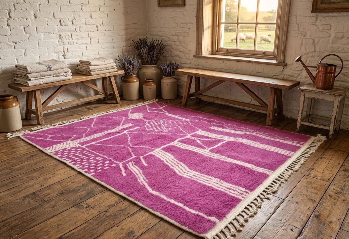 Tribal Nomad Rug– Beni Ourain Style Handmade Wool Berber Rug, Striped Modern Fluffy Area Rug Pink Color Rug